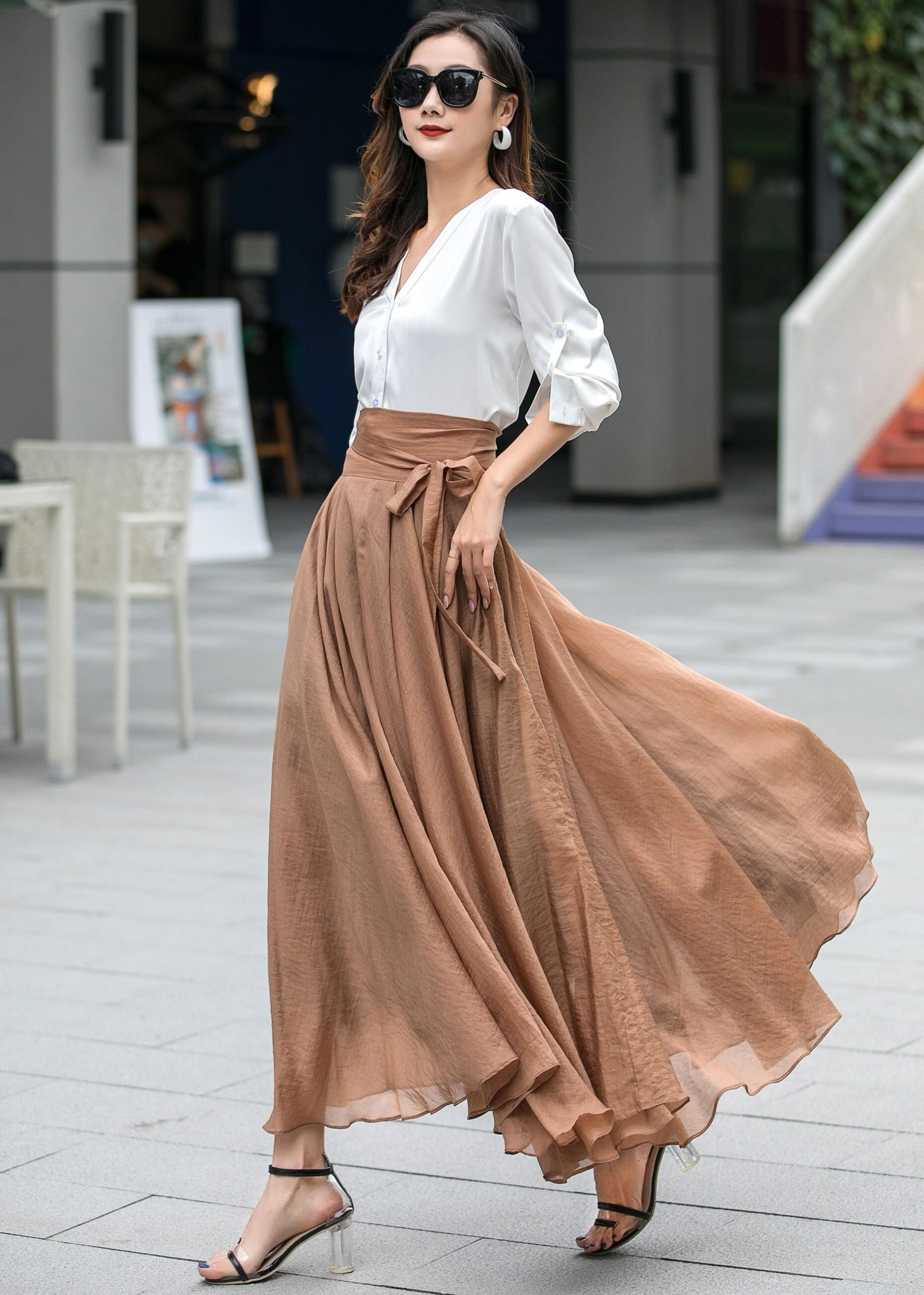 Light Brown High-Waisted Maxi A-Line Wrap Skirt