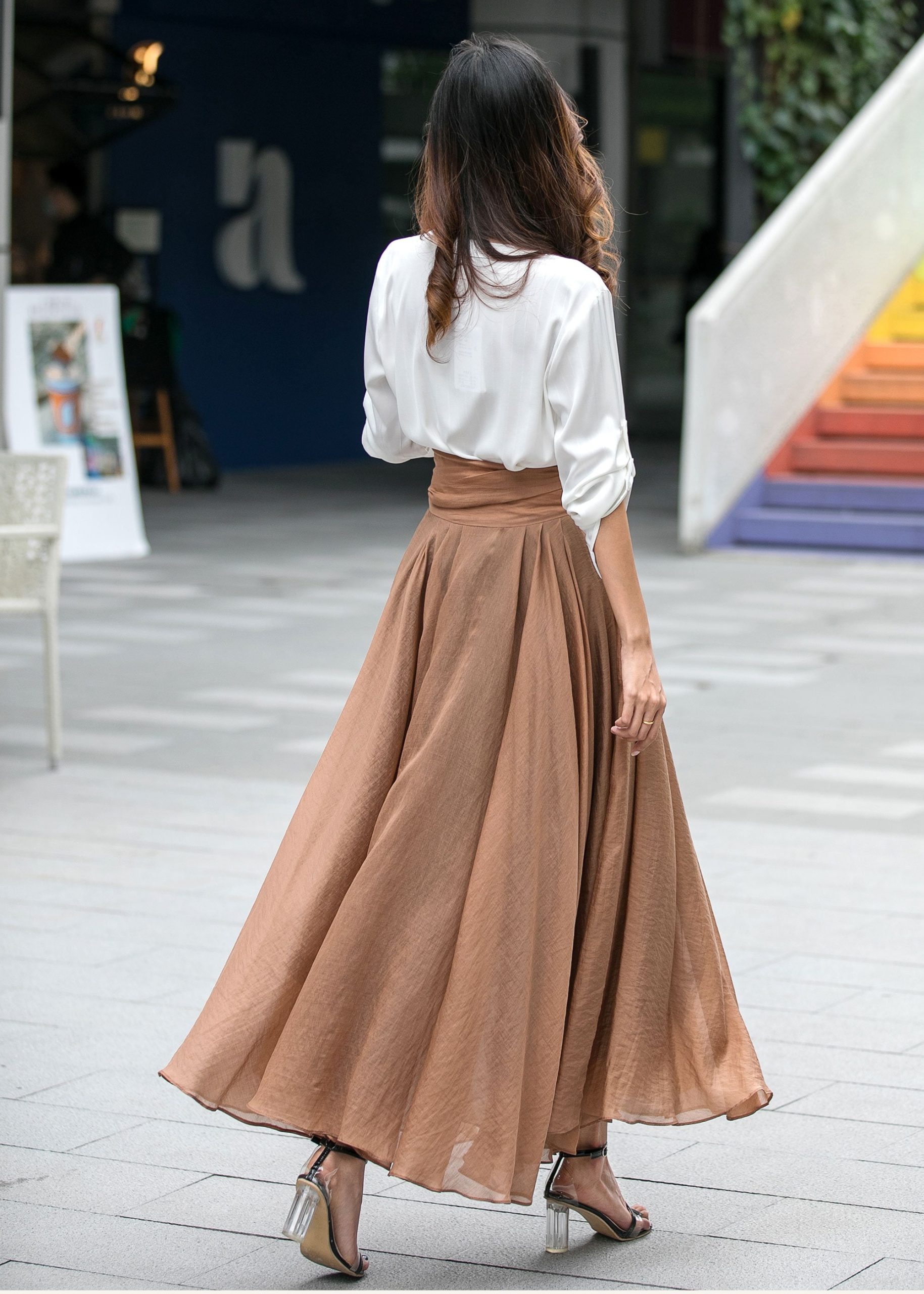 Light Brown High-Waisted Maxi A-Line Wrap Skirt