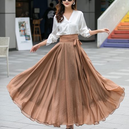 Light Brown High-Waisted Maxi A-Line Wrap Skirt