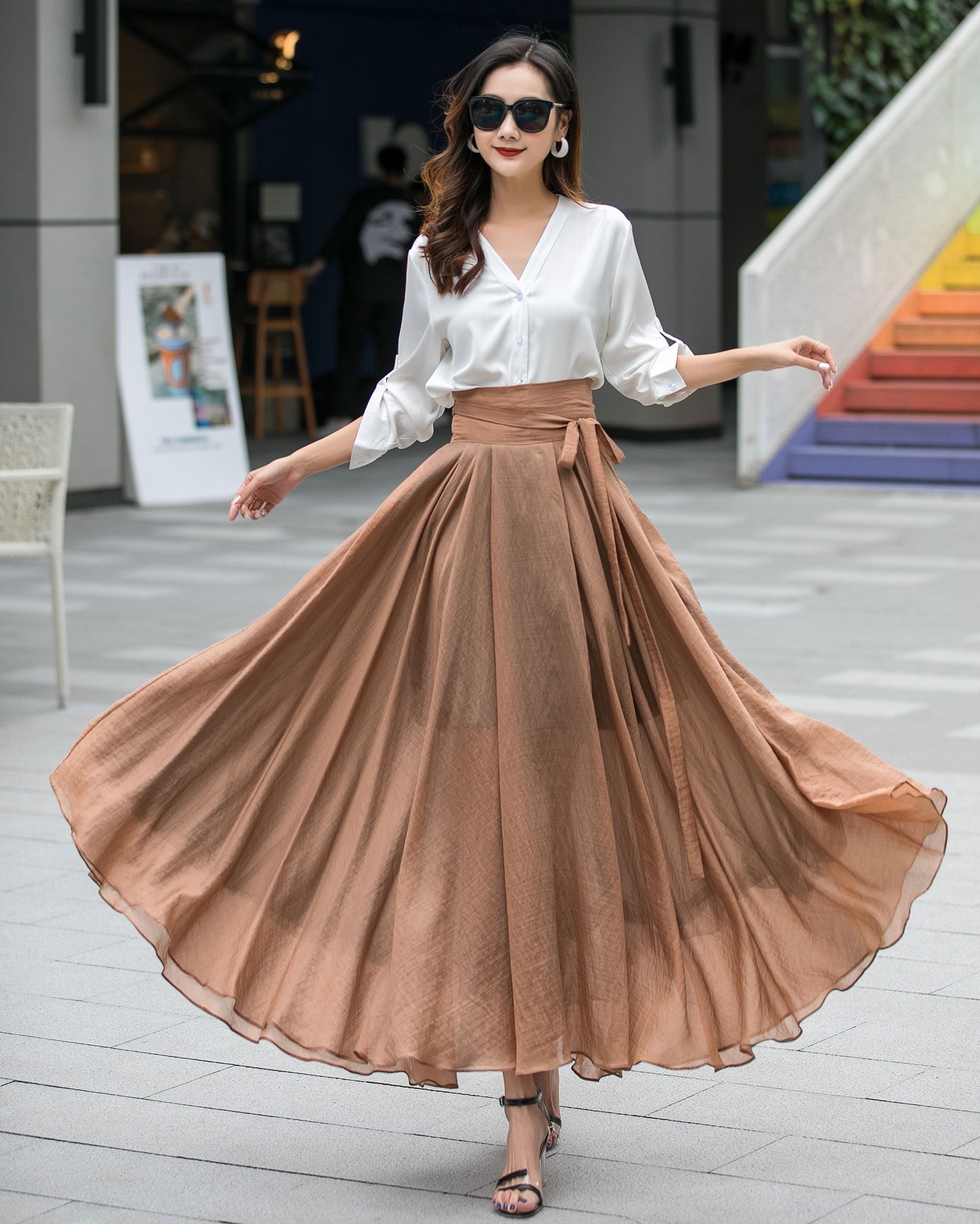 Light Brown High-Waisted Maxi A-Line Wrap Skirt