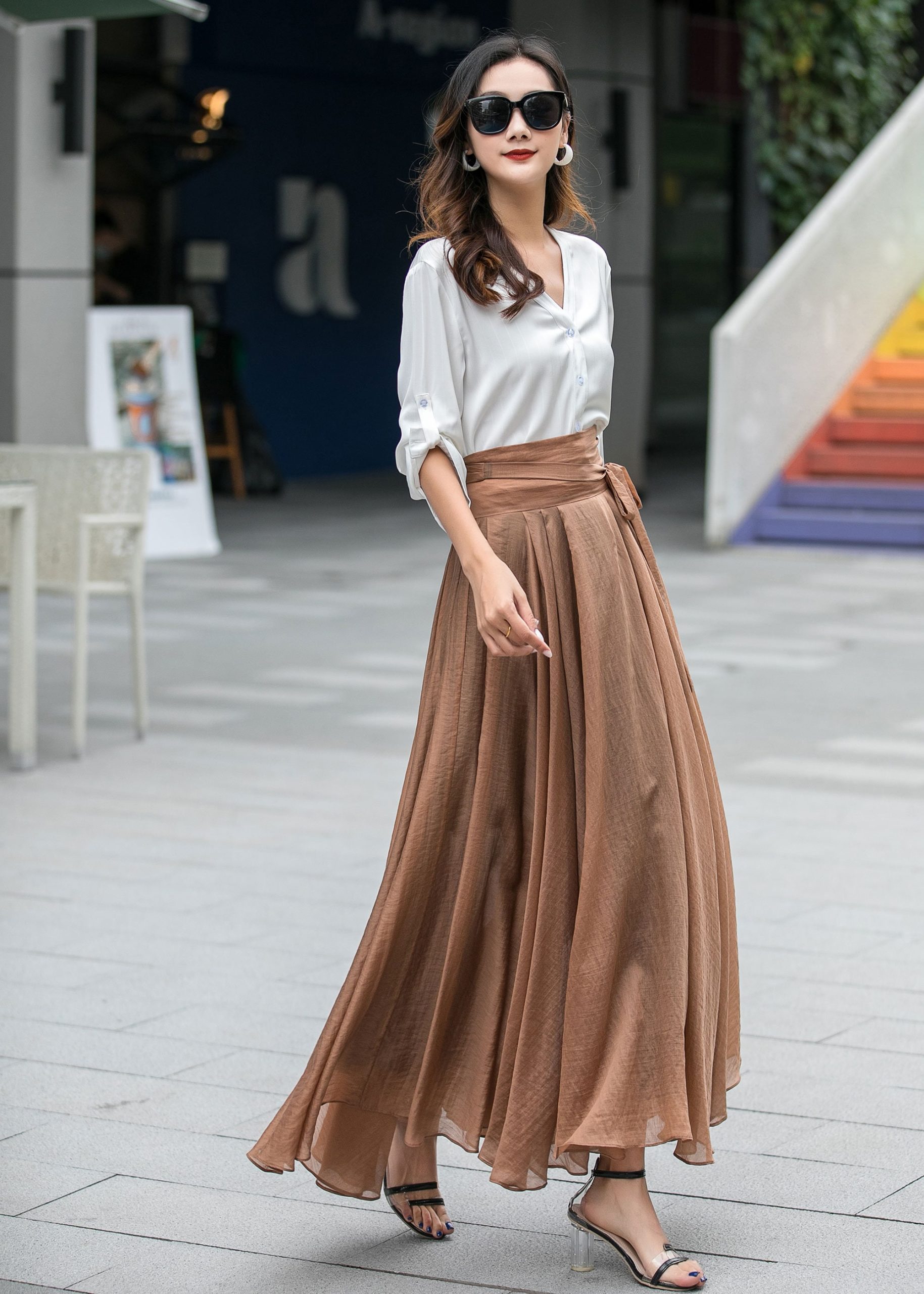 Light Brown High-Waisted Maxi A-Line Wrap Skirt