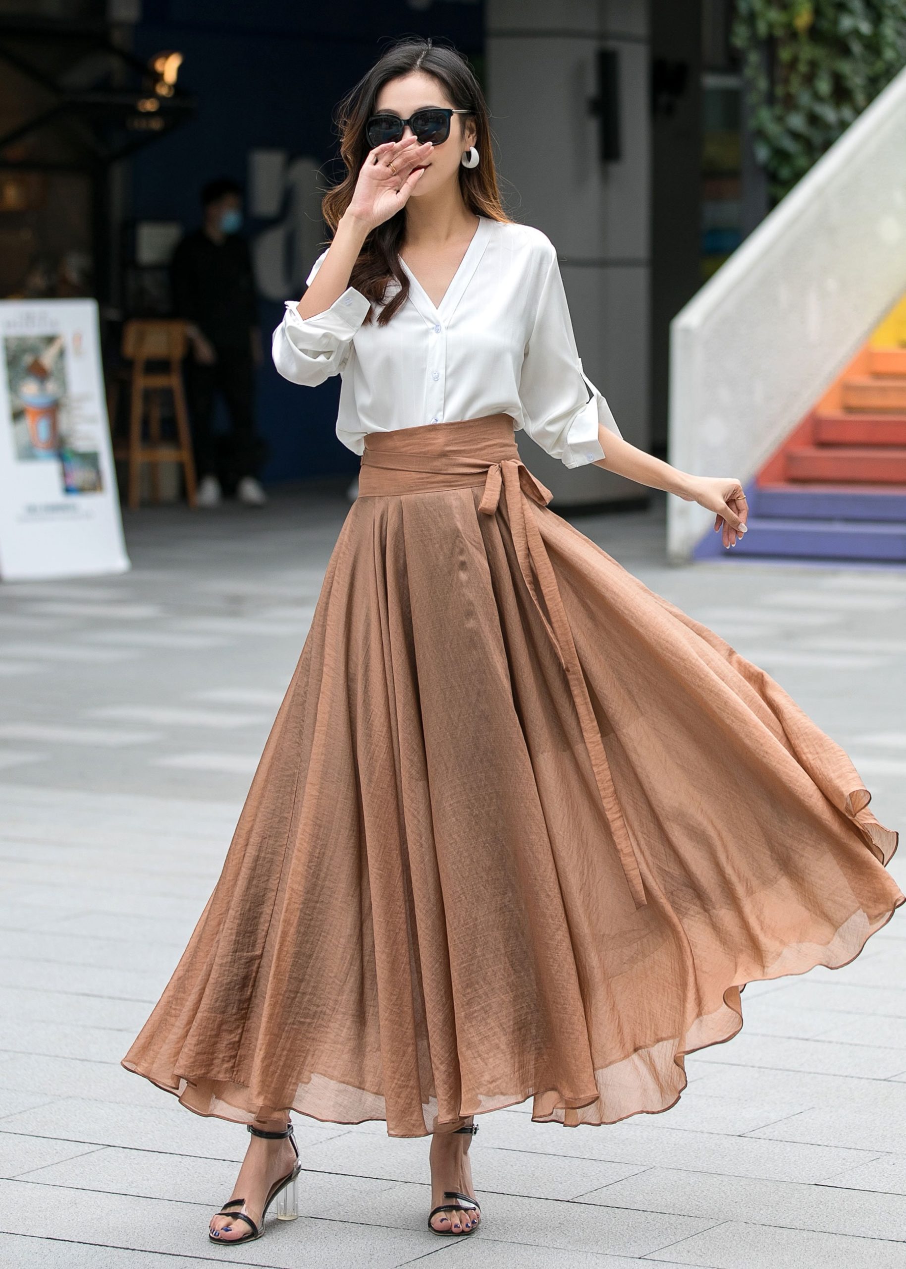 Light Brown High-Waisted Maxi A-Line Wrap Skirt
