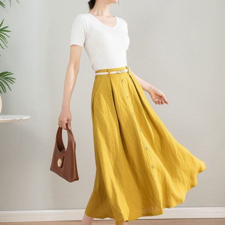 Mustard High-Waisted Button-Down Midi A-Line Skirt