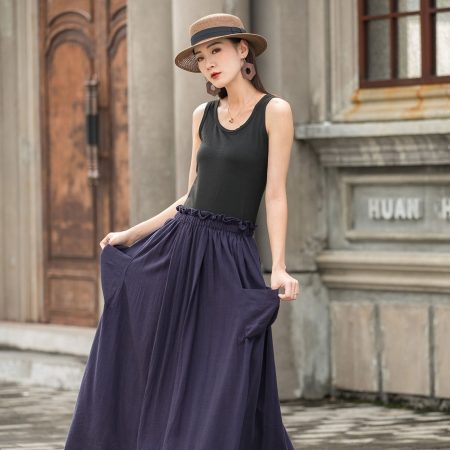 Navy Blue High-Waisted Maxi Skirt with Pockets