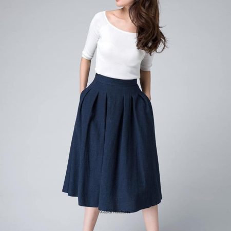 Navy Blue High-Waisted Pleated Midi A-Line Skirt