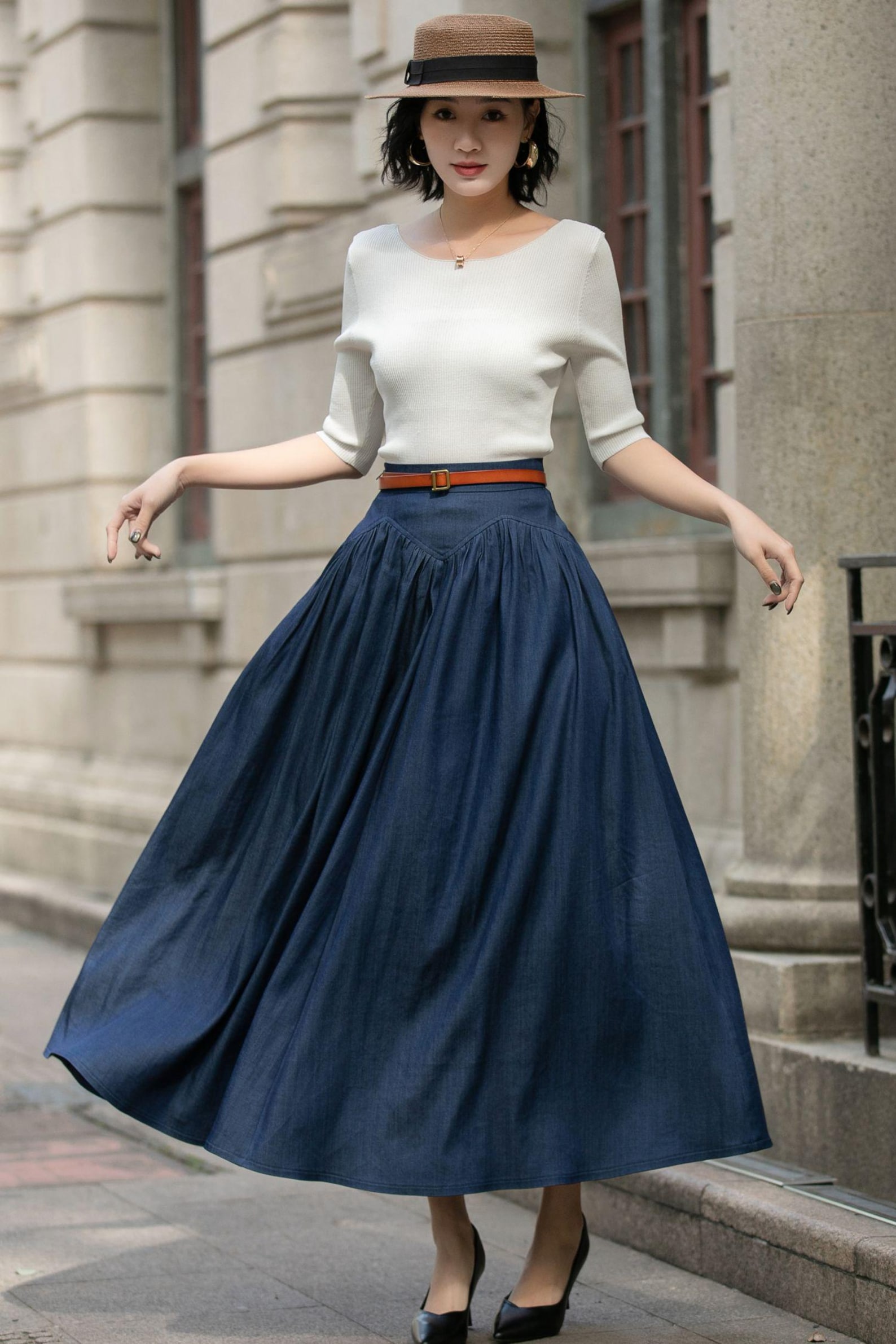 Navy high waist A-line flared skirt