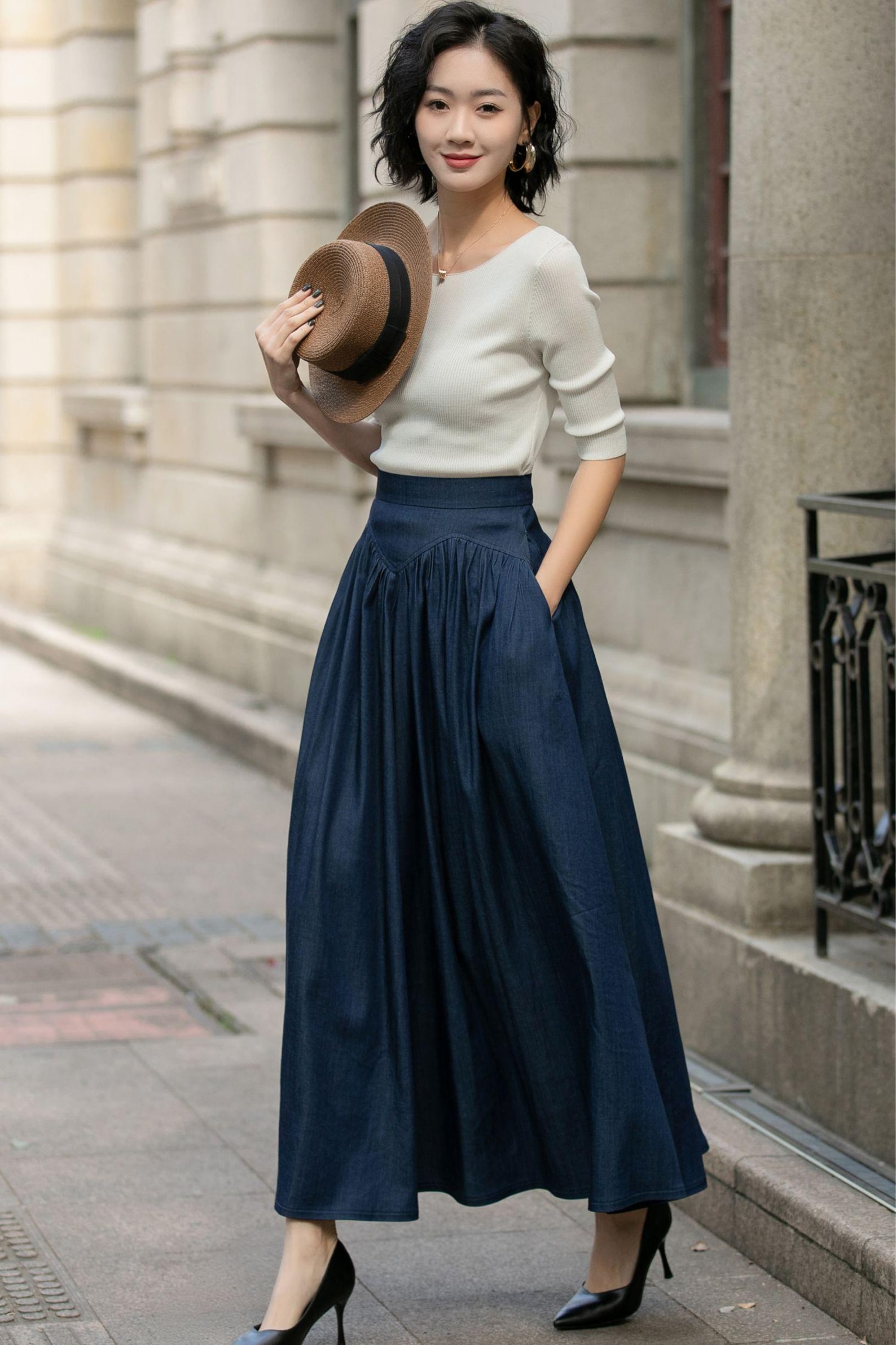 Navy high waist A-line flared skirt