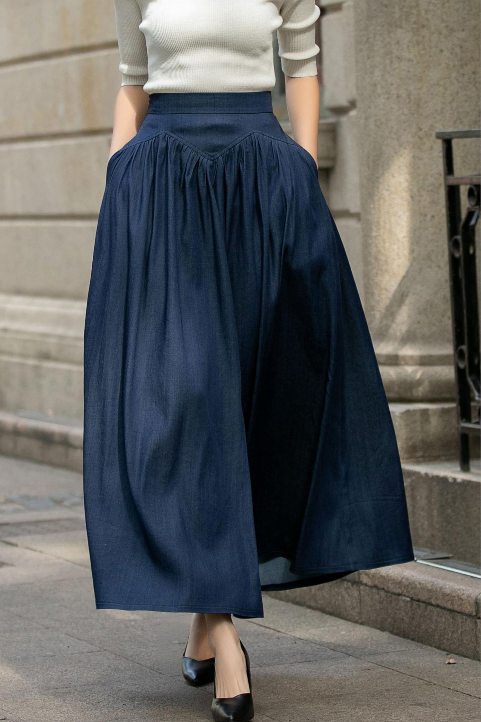 Navy high waist A-line flared skirt