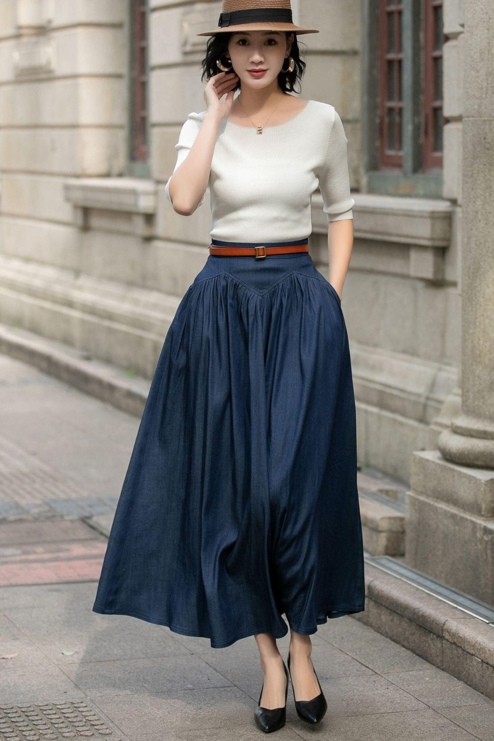 Navy high waist A-line flared skirt