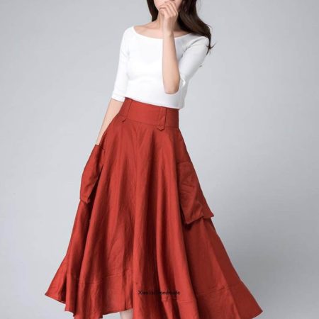 Rust Red High-Waisted Flowy Maxi Skirt with Pockets