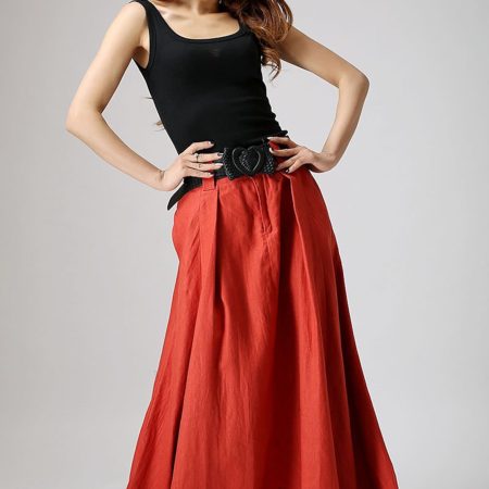Rust Red High-Waisted Maxi Skirt with Pockets