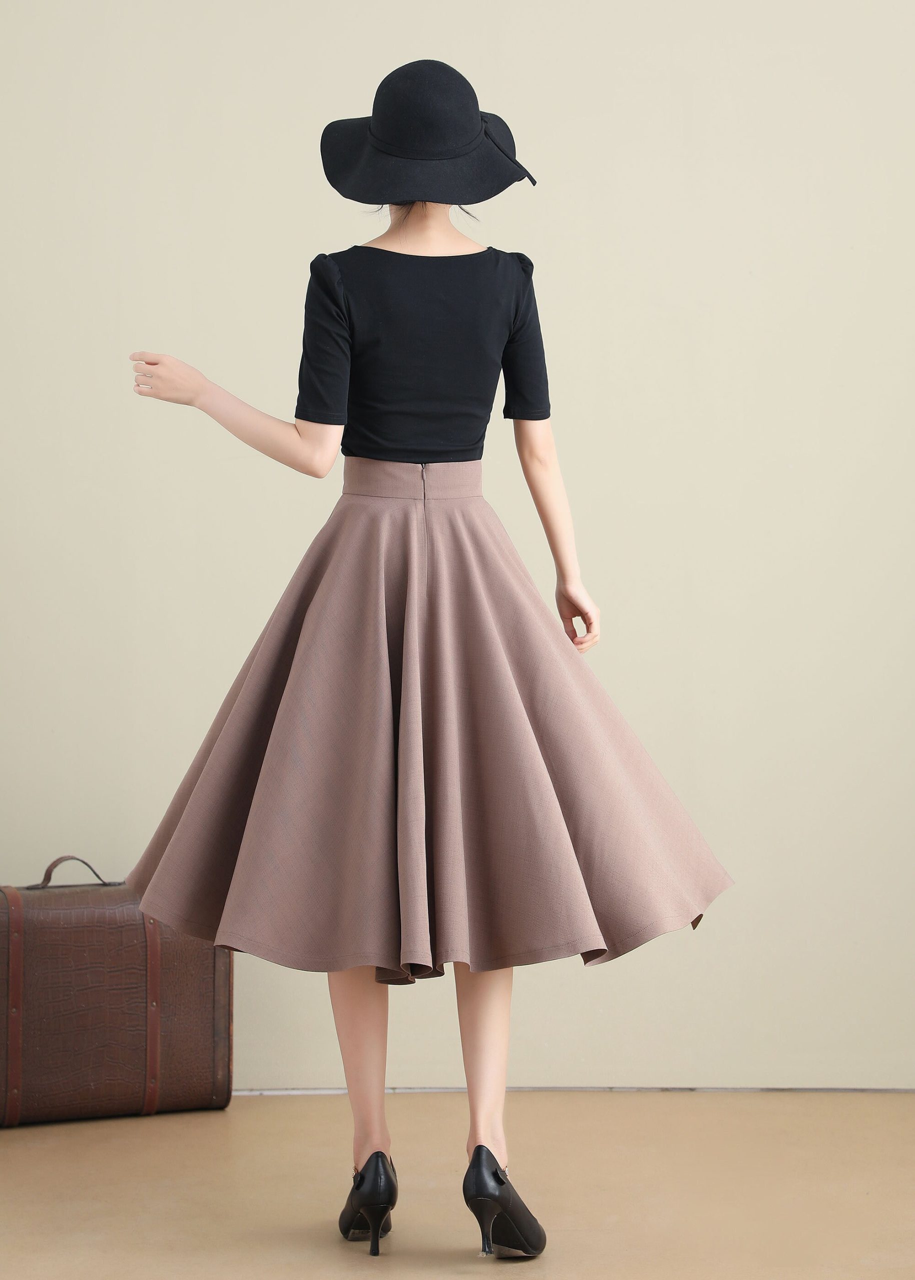 Taupe High-Waisted Flared Midi A-Line Skirt