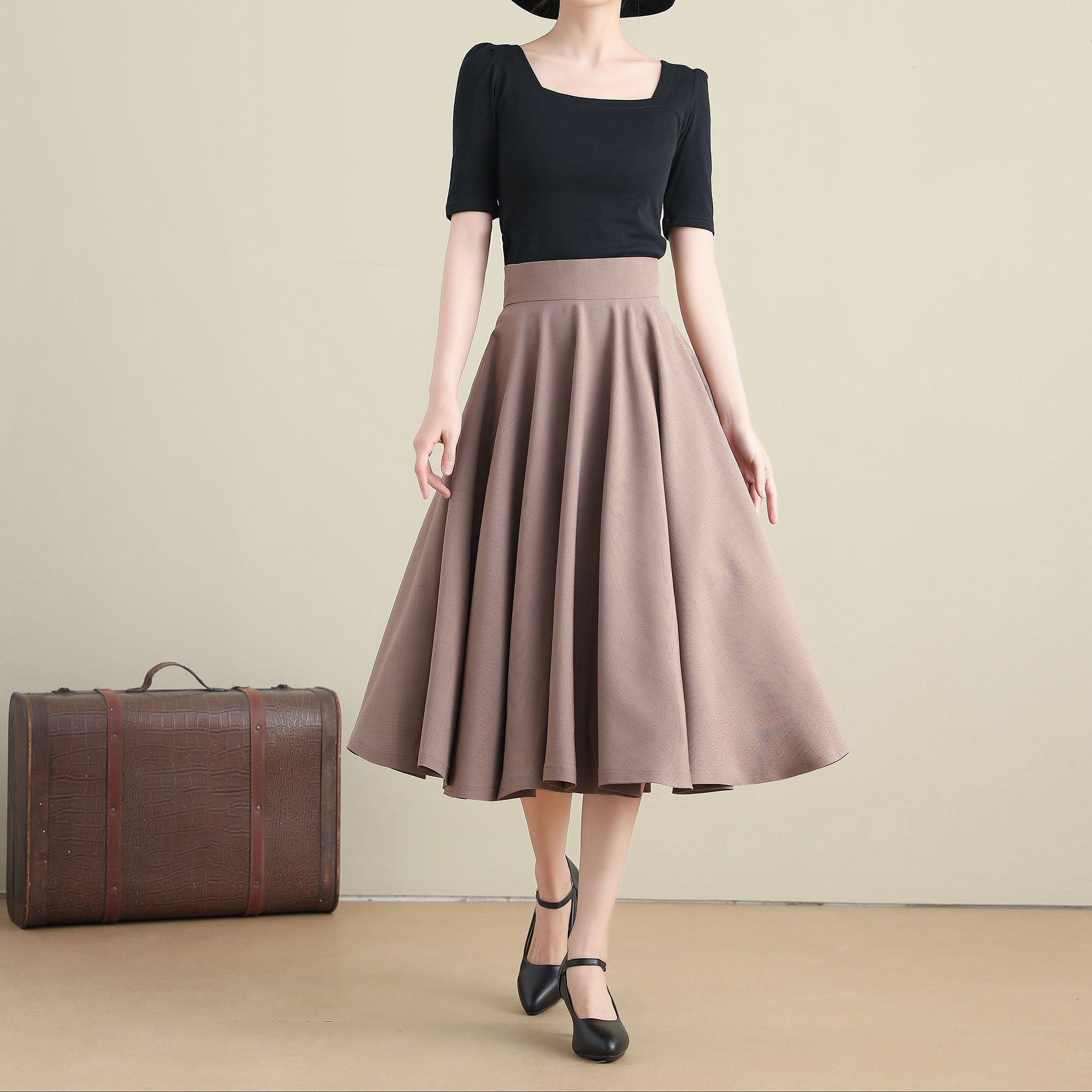 Taupe High-Waisted Flared Midi A-Line Skirt