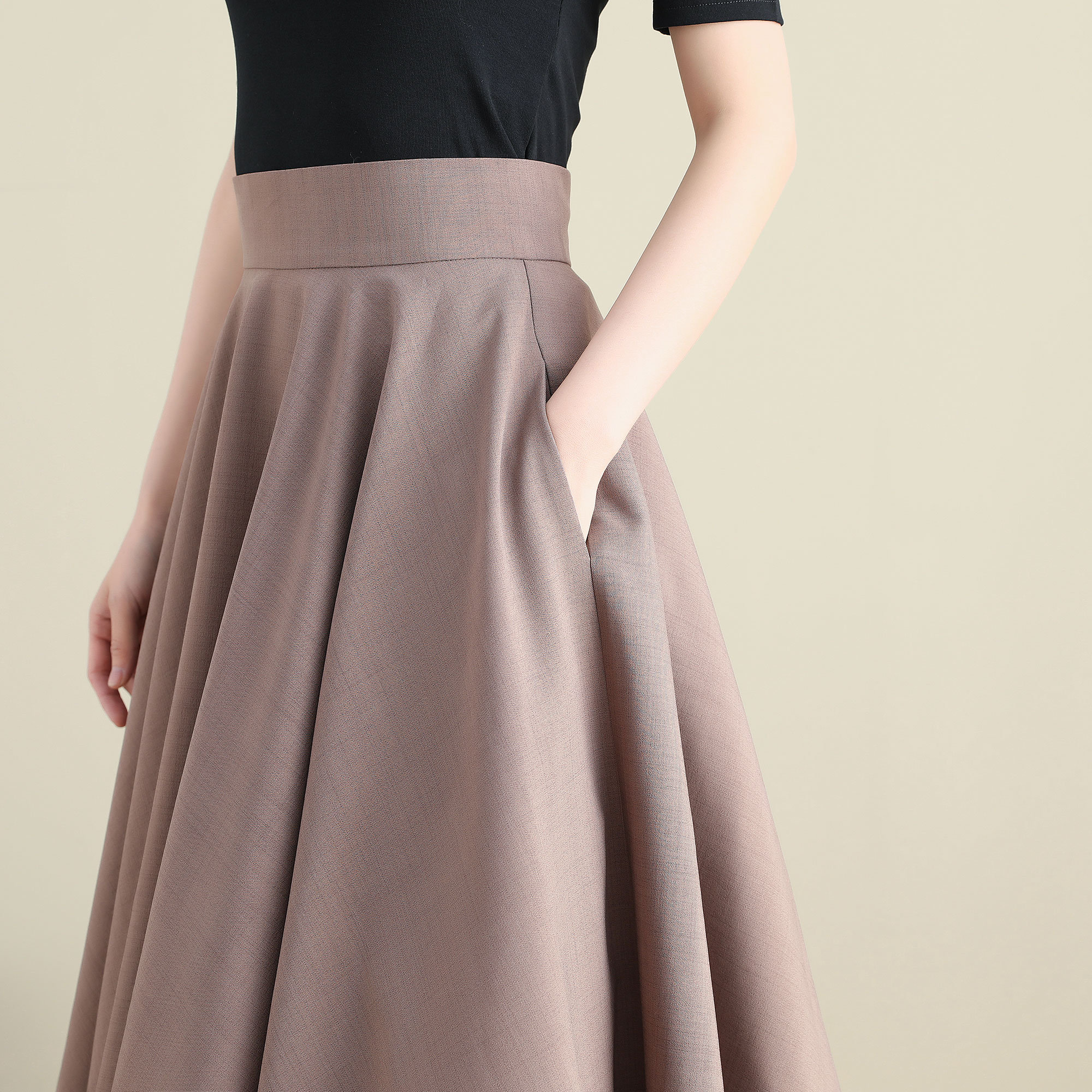 Taupe High-Waisted Flared Midi A-Line Skirt