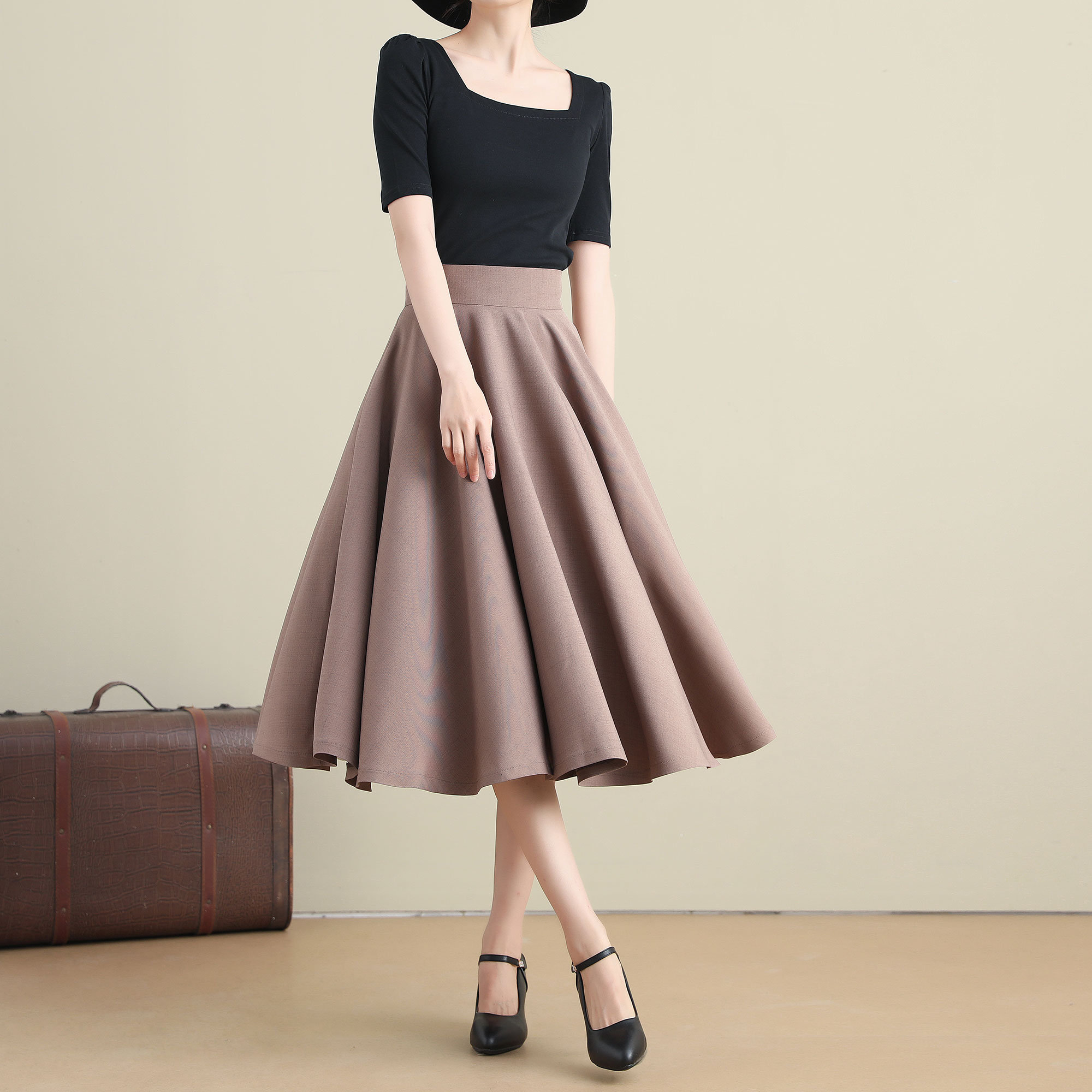 Taupe High-Waisted Flared Midi A-Line Skirt