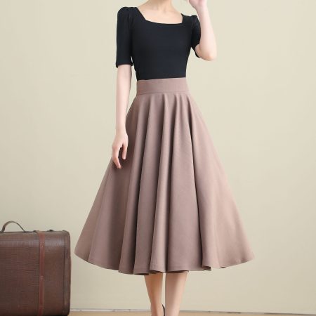 Taupe High-Waisted Flared Midi A-Line Skirt