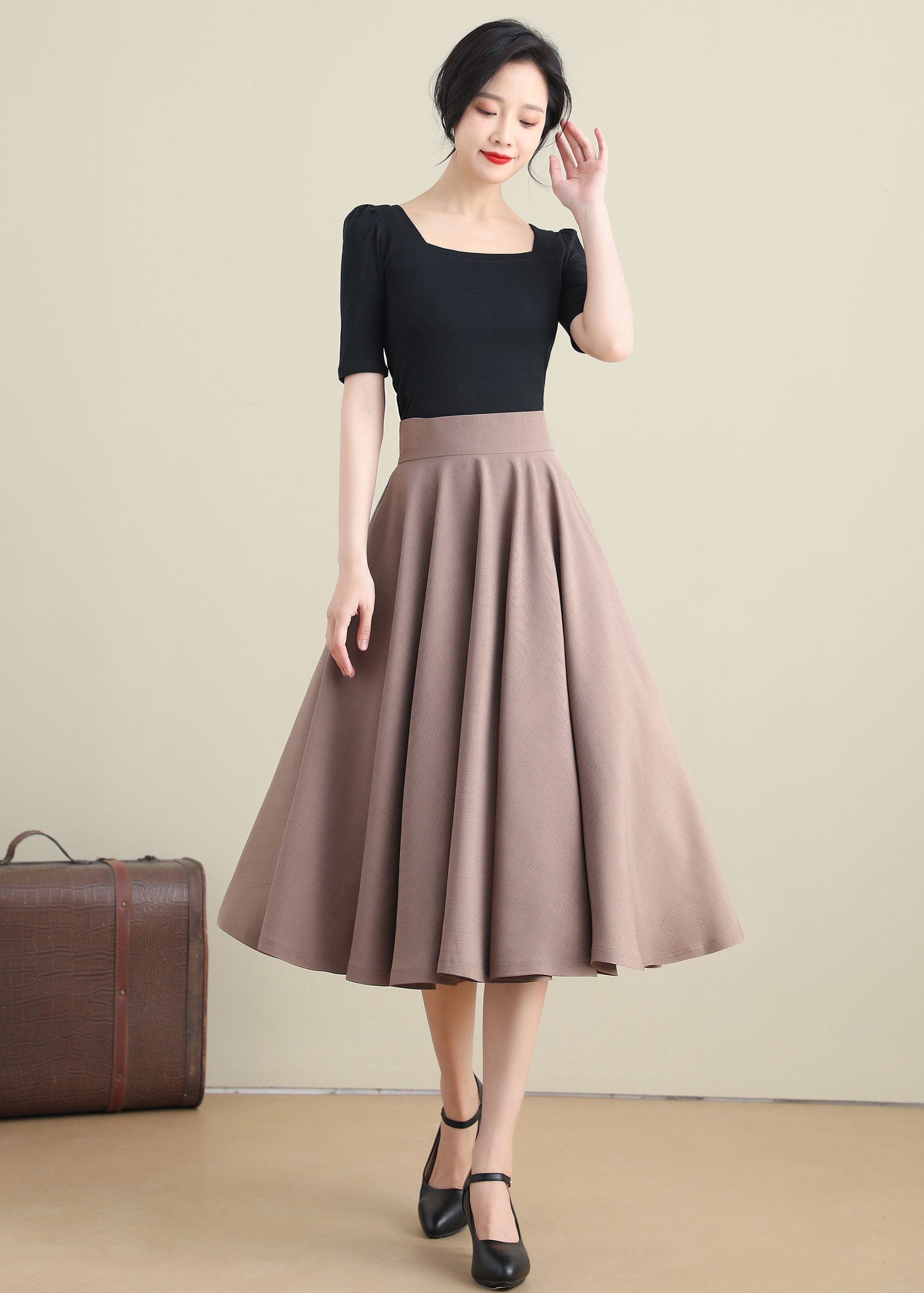 Taupe High-Waisted Flared Midi A-Line Skirt