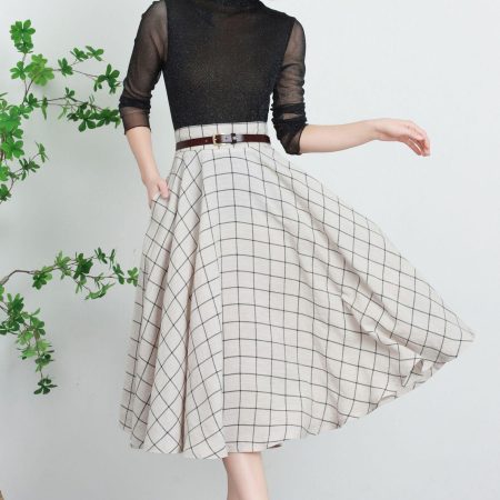 White High-Waisted Plaid Midi A-Line Skirt