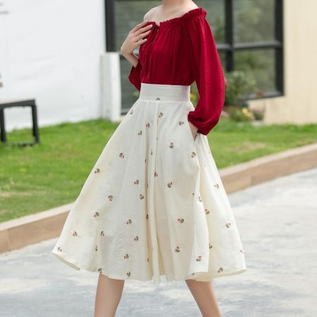 White Midi Skirt with Floral Embroidery