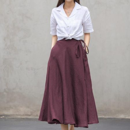 Wine Red High-Waisted Wrap A-Line Midi Skirt
